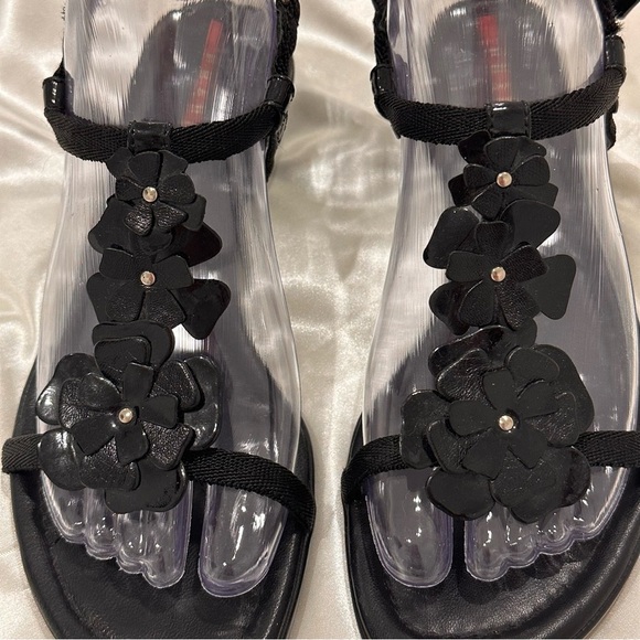 Prada Sport T Strap Sandals Leather Floral Kitten Heels Black Size 6 Vintage Y2K - Picture 6 of 13